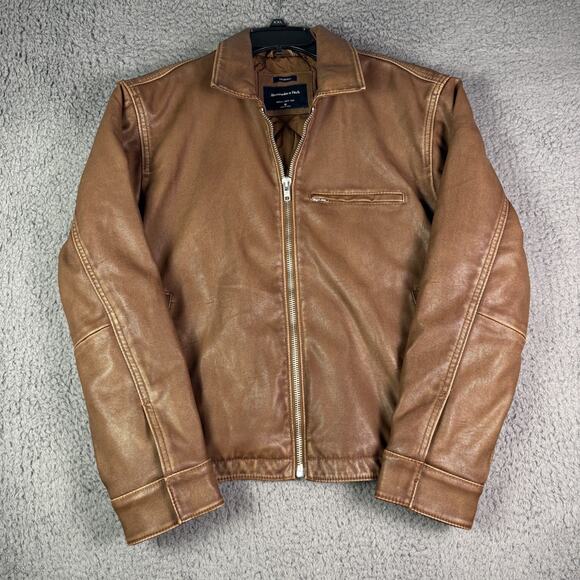 Abercrombie & Fitch Vegan Leather Zip Jacket Mens M Brown Cropped Quilted Lined - Picture 2 of 9